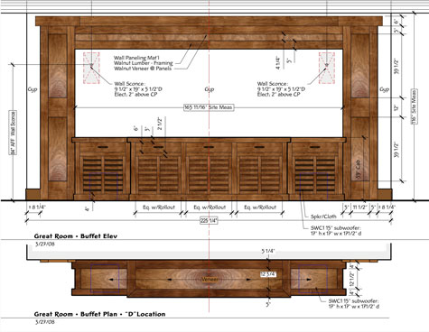 Presentation drawing using scanned veneer textures, paln and front elevation.
